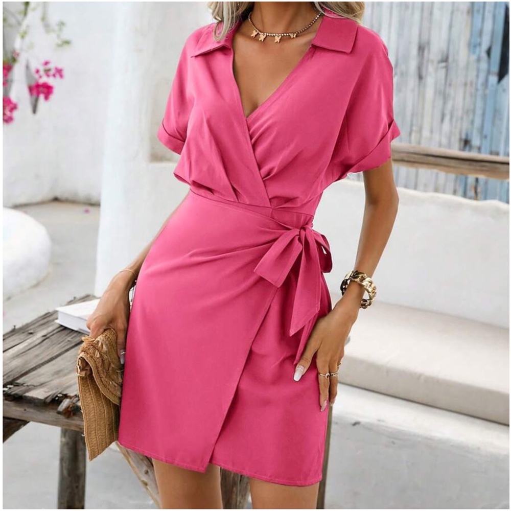 C Solid Surplice Batwing Sleeve Side Tie Dress - Picture 7 of 8